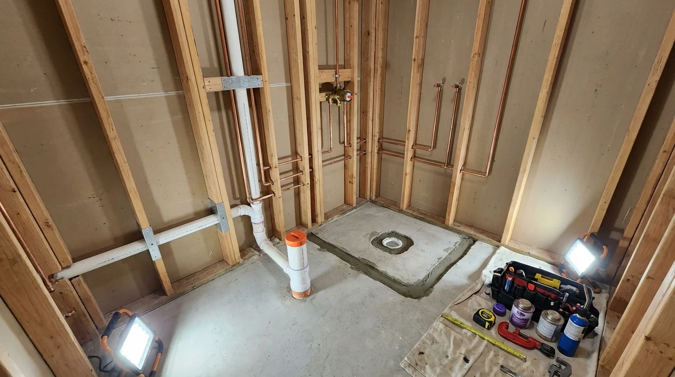 Bathroom rough-in plumbing during remodel by Johns Plumbing LLC in Phillipsburg