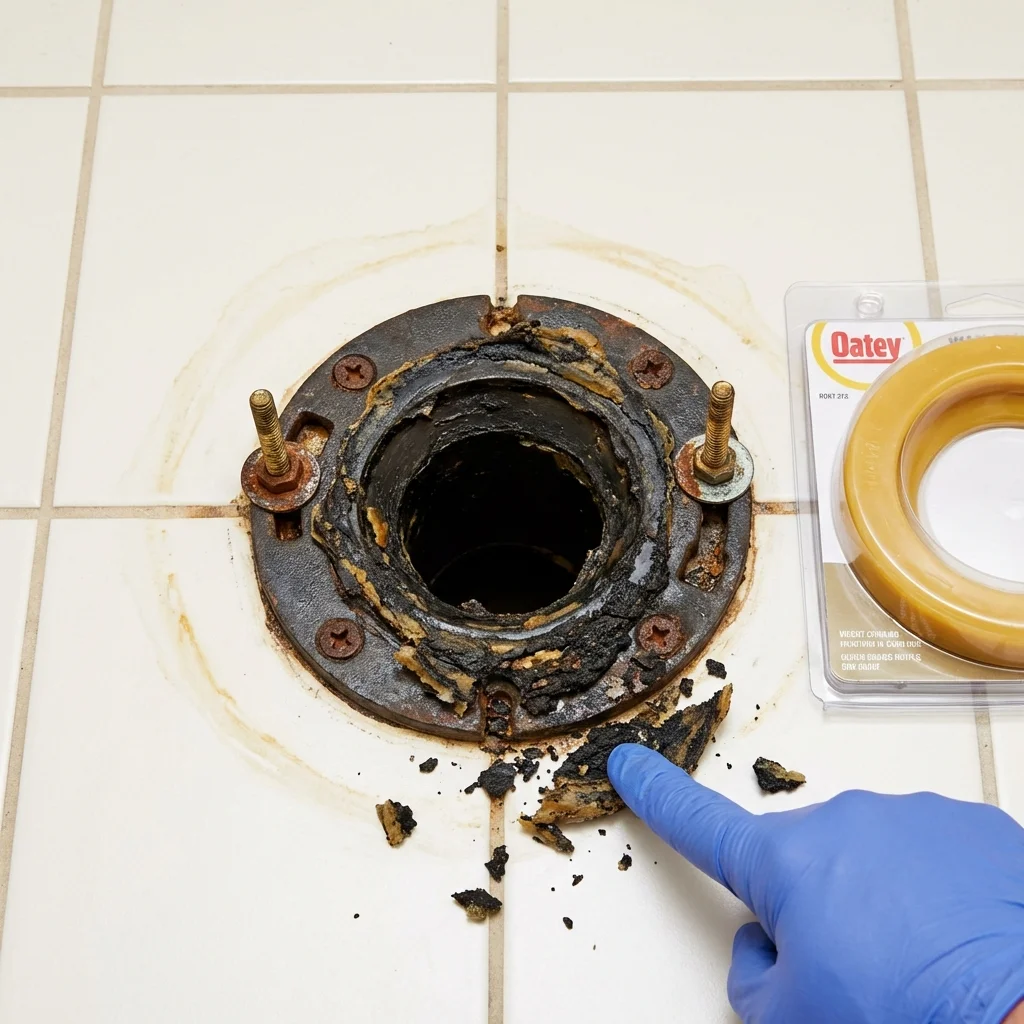 Failed wax ring showing water seepage at the base of a toilet in a Phillipsburg, KS home